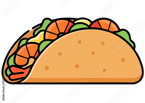 Colorful cartoon taco with vibrant fillings and crunchy texture.