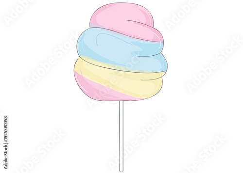 Colorful cotton candy on a stick, sweet treat, vibrant colors, whimsical dessert, sugary delight, festive snack, childhood pleasure, carnival candy, party favor, sweet indulgence.