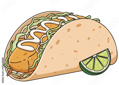 Delicious Mexican taco with fish, lettuce, and lime.