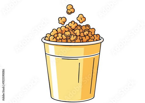 A cartoon illustration of a yellow bucket filled with popcorn.