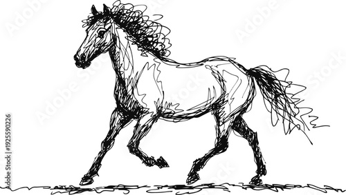 Black ink sketch of a galloping horse with flowing mane and tail on white background