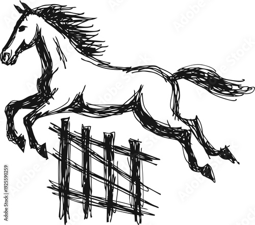 hand drawn sketch of a horse jumping over a fence in motion with dynamic flowing mane and tail