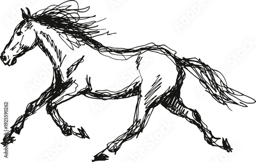 Running horse sketch hand drawn galloping horse silhouette with dynamic flowing mane and tail