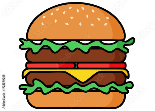 A cartoon illustration of a cheeseburger with lettuce, tomato, and cheese on a bun.