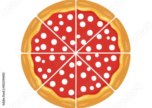 A cartoon pizza cut into eight equal slices with tomato sauce and cheese toppings.
