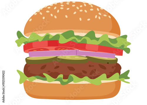 Delicious hamburger with lettuce, tomato, and pickles on a sesame seed bun.