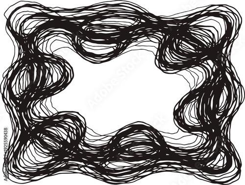 Abstract black wavy lines frame with dynamic irregular curves and distorted rectangle shape on white