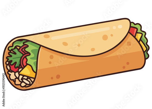 A cartoon illustration of a burrito with various fillings.