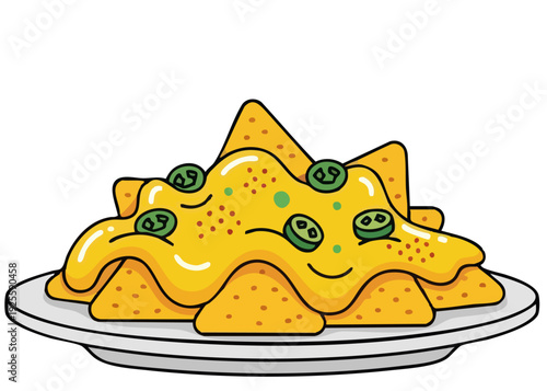 A cartoon plate of nachos smothered in cheese and jalapenos.