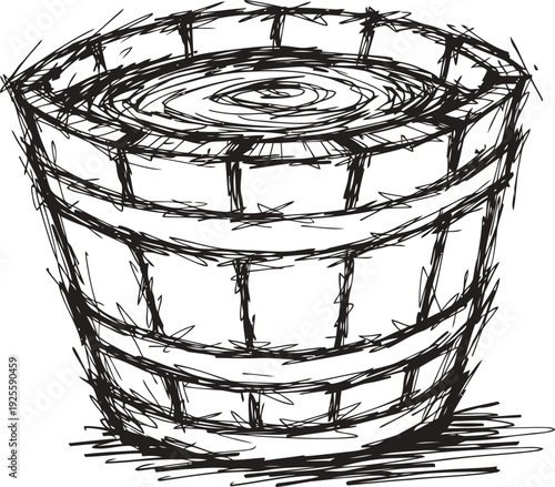 hand drawn wooden bucket filled with water rustic container with wood texture and metal bands, vintage sketch illustration