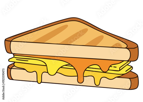 A toasted sandwich with melted cheese filling on white background.