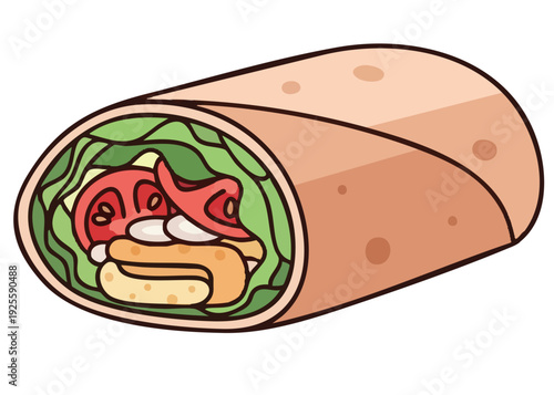 A cartoon illustration of a burrito with lettuce, tomato, and other fillings wrapped in a tortilla.