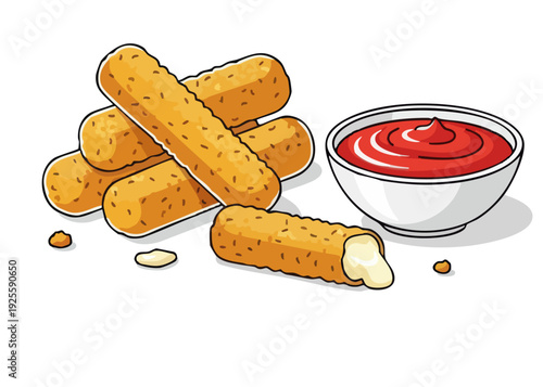 Illustration of mozzarella cheese sticks with dipping sauce.
