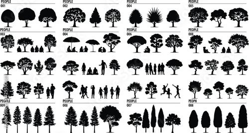 Black silhouette collection of various deciduous and evergreen trees with people sitting walking and standing for architectural scale site analysis and landscape garden design