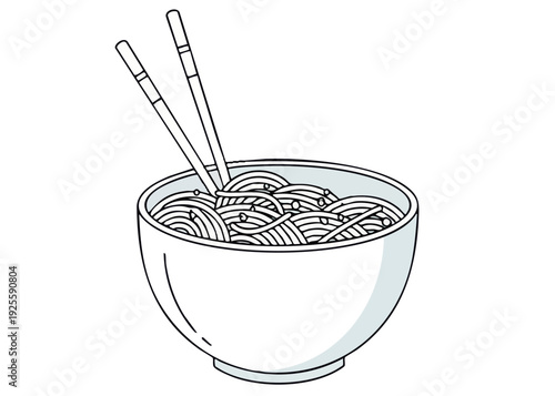 A simple line drawing of a bowl of noodles with chopsticks.