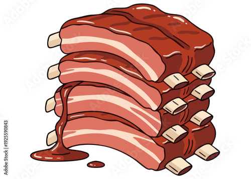 Stack of Barbecued Pork Ribs with BBQ Sauce.