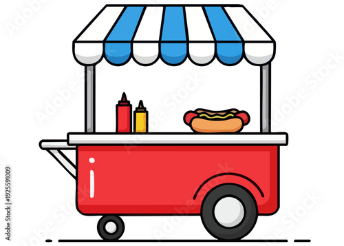 Vibrant red hot dog cart with striped awning and condiments.