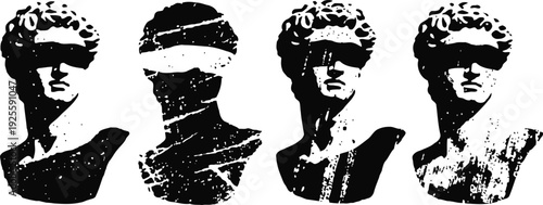 Classical bust sculpture silhouettes with glitch digital distortion and overlay effects