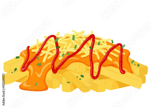 Illustration of French fries with cheese and ketchup.