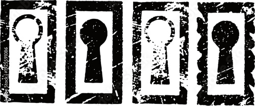 vintage grunge keyhole designs four distressed black and white lock keyhole icons with worn texture