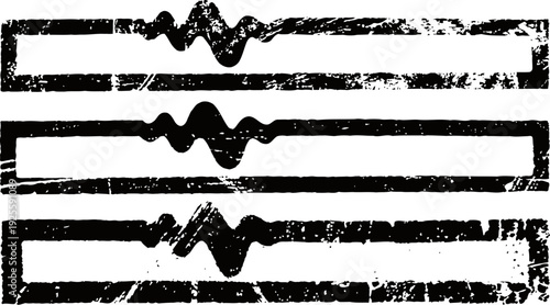 Grunge horizontal bars with heartbeat pulse shapes, distressed vintage texture design elements