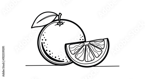 An illustration of an orange and its slice in black outline silhouette