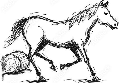 Sketch of a horse walking beside a hay bale in a simple hand drawn