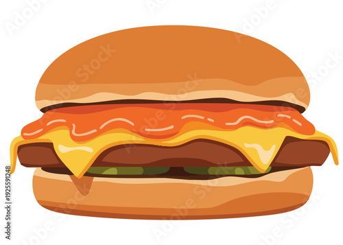 A cartoon cheeseburger with ketchup and pickles on a bun.