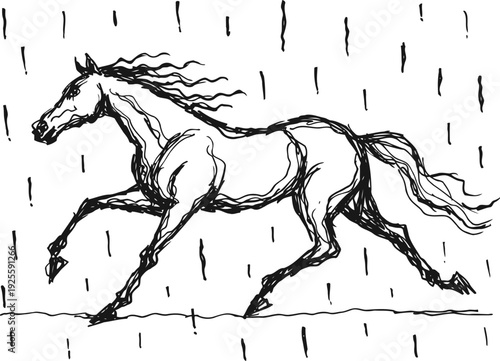 Sketch of a horse running in the rain with flowing mane and tail, dynamic motion ink drawing