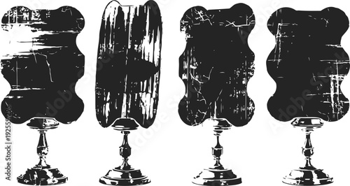 four vintage wooden mannequin dress forms with distressed texture on metallic stands