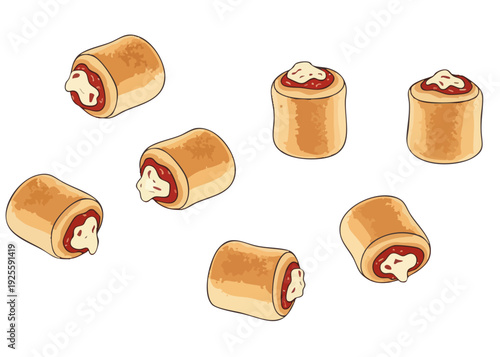 Illustration of spring rolls scattered on a white background.