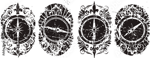 Vintage ornamental compass rose designs with intricate floral patterns and classic navigation symbols