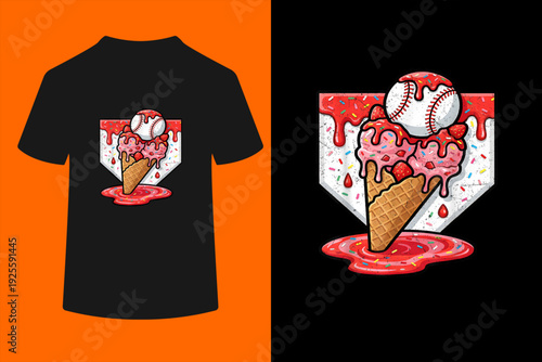 Baseball Ice Cream Drip Baseball Strawberry for Youth Red T-Shirt
