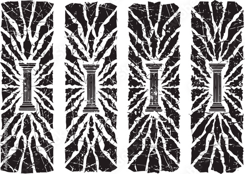Grunge cracked pillar design set with ornamental column and distressed texture backgrounds