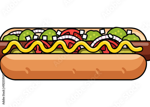 A colorful hot dog with various toppings and condiments.