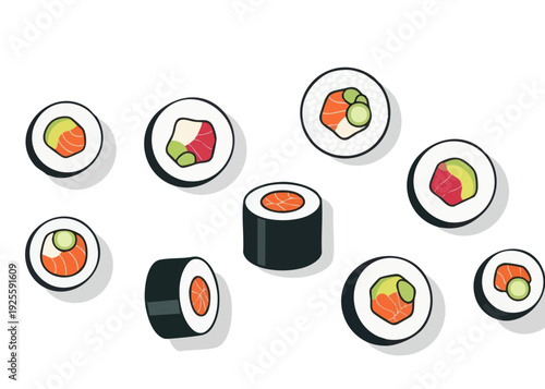 Assorted Sushi Rolls and Sashimi on White Background.