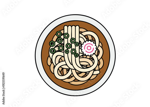 Illustration of a bowl of noodles with garnishes and sauce.