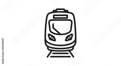 Simple outline vector illustration graphic of a modern passenger train icon on railway tracks