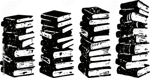 Four tall stacks of vintage books with worn covers arranged in a row