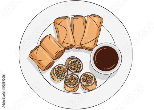 Asian style spring rolls and dumplings on a plate with dipping sauce.