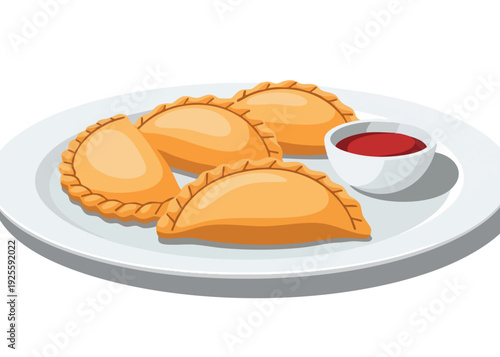 Delicious Empanadas with Red Sauce on White Plate.