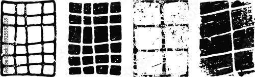 distressed grid patterns with varying block shapes and textures in black and white