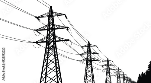 Row of electricity pylons with power lines against a white sky transmission tower high voltage
