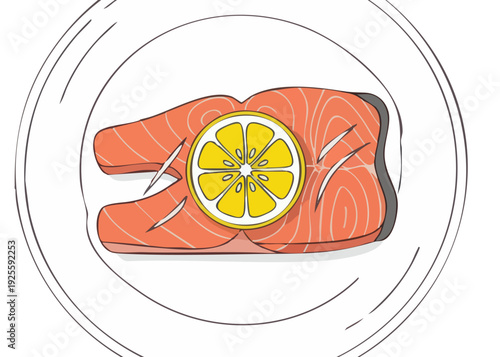 Illustration of salmon fillet with lemon slice on a plate.
