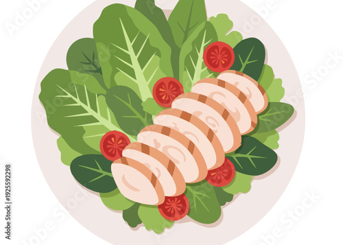 Sliced chicken breast served with fresh greens and cherry tomatoes.