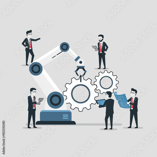 Robotic Arm Assembly Line with Engineers Planning Industrial Automation