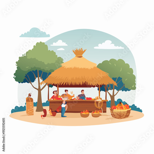 Vibrant outdoor rural market scene with people selling and buying fresh produce at a traditional thatched-roof stall