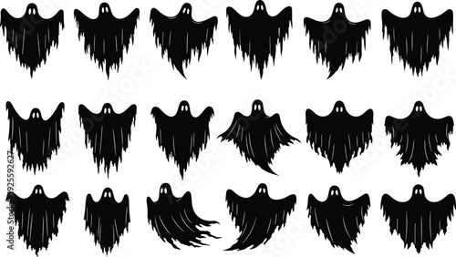 Ghost silhouette collection, Halloween vector set, spooky spirit illustration design, haunted ghost artwork, scary character concept, black white style