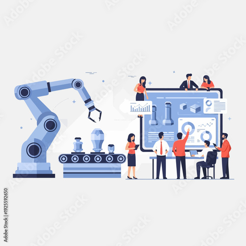 Robotic arm automation in smart factory with engineers analyzing data on a large screen