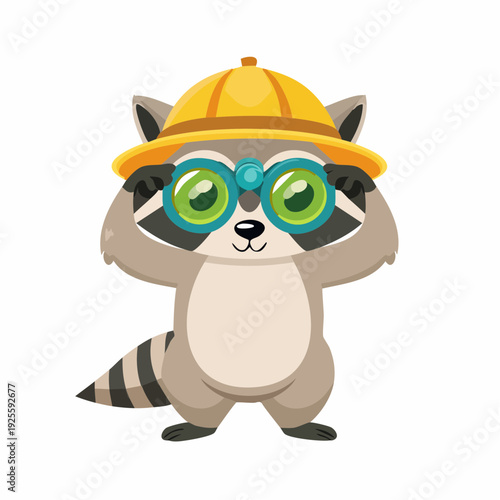 Adorable Cartoon Raccoon in Safari Hat with Binoculars Ready for an Adventure, Exploring and Discovering Nature